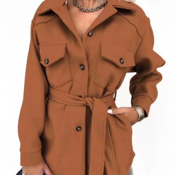 19Brown Pocket Button Belted Wrap Fitted Bohemian Brushed Utility Shacket Jacket - Picture 2 of 4